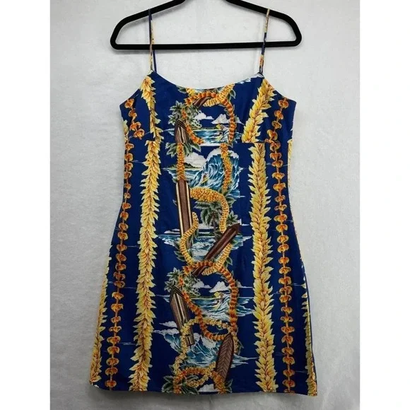Royal Creations Mini Dress Women's Size L Hawaiian Shift Sleeveless Cotton Blue - Picture 1 of 8